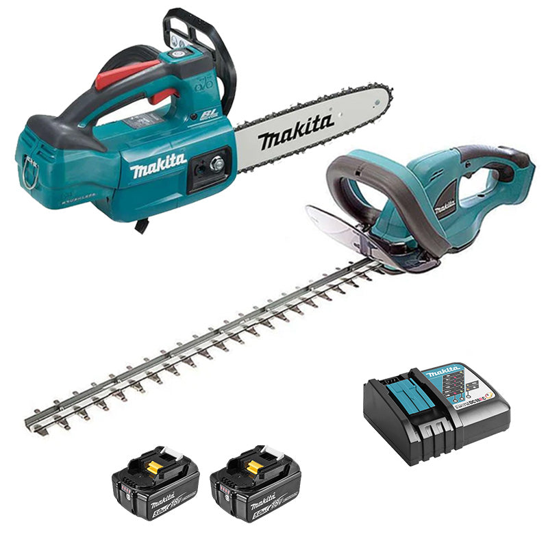 Garden in Motion Set: 2 Makita 18V LXT Tools + 2 x 5Ah Batteries + Fast Charger