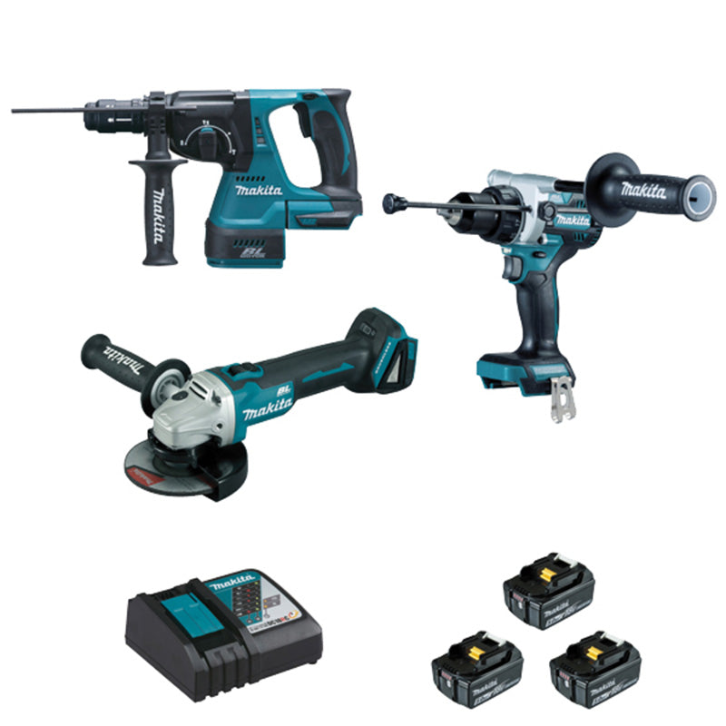 Powerful Makita DLX3157TJ Combo Kit: Hammer Drill + Demolition Hammer + Angle Grinder + 3 Batteries + Battery Charger + Accessory Kit